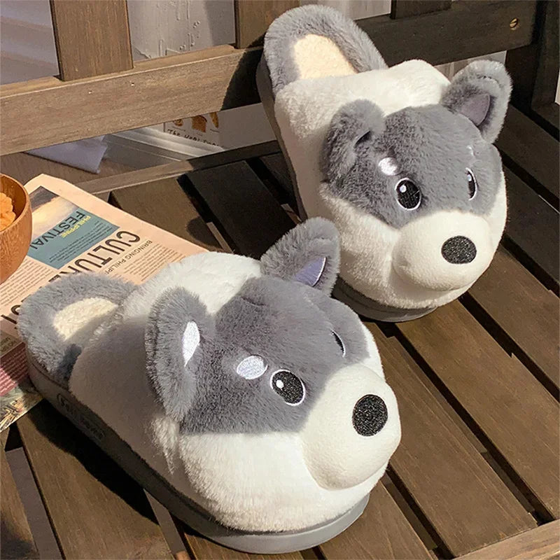 Pair of kawaii wolf-themed slippers on a wooden surface with a newspaper underneath.