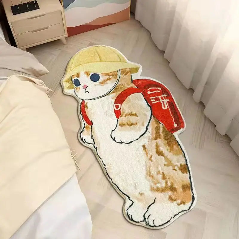 Kawaii cat-shaped rug with a helmet and backpack on a bed