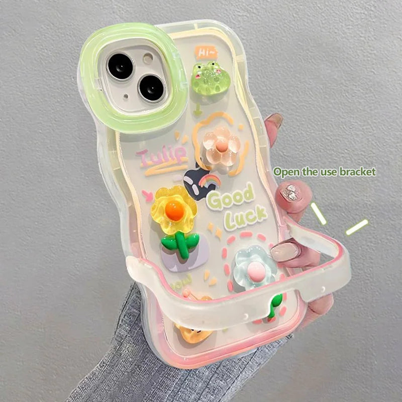 Phone case with kawaii floral design and text on a gray background