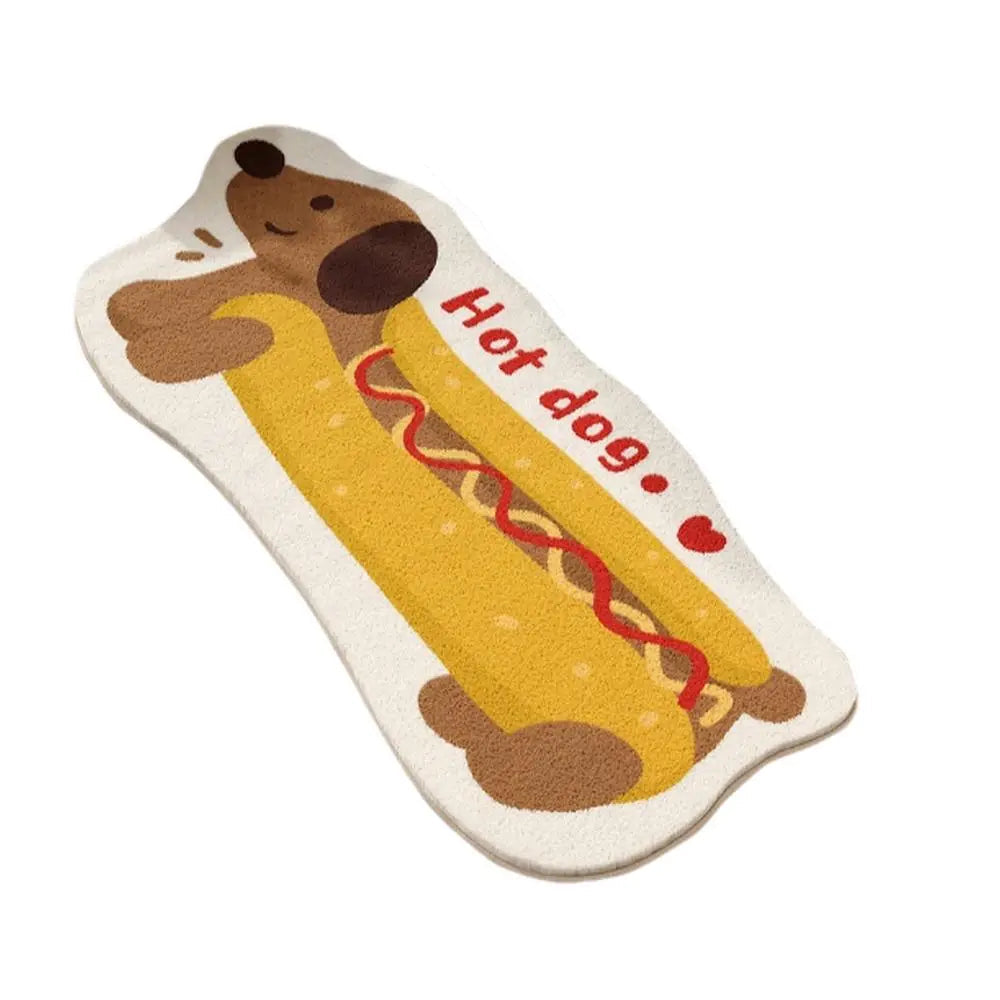 Hot dog-shaped mat with kawaii cartoon hot dog design on a white background