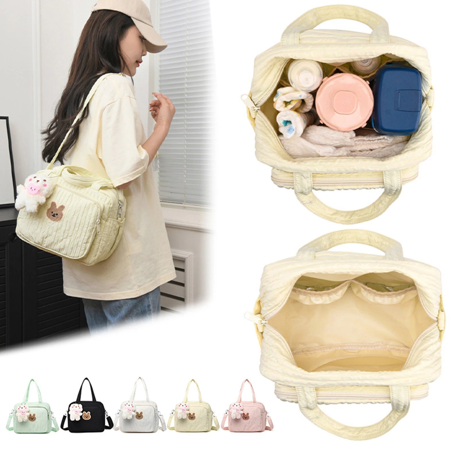 Woman holding a cream-colored Kawaii-style handbag with a close-up of its contents and color options displayed.