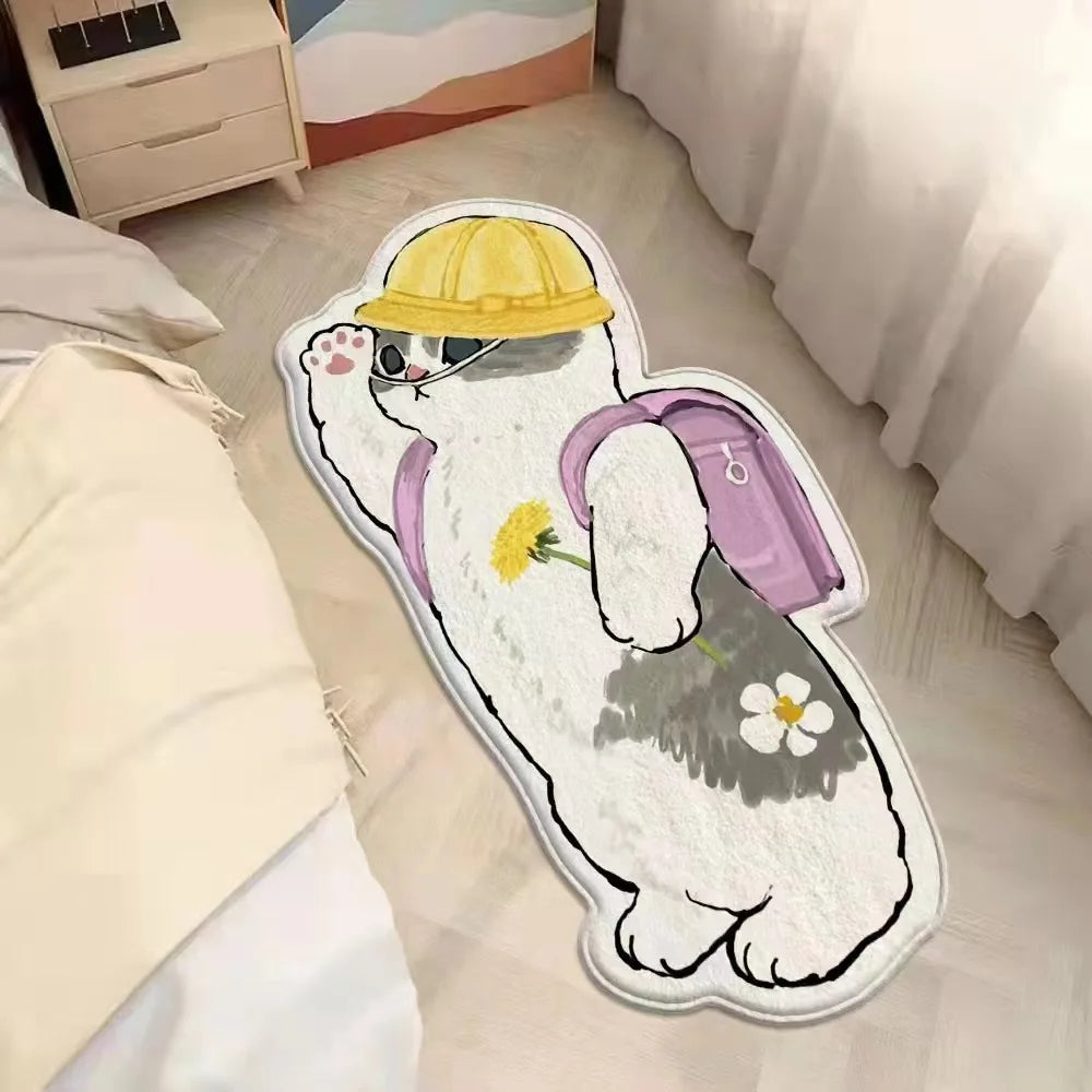 Cartoon kawaii cat rug with a yellow hat and purple bag on a light-colored floor.