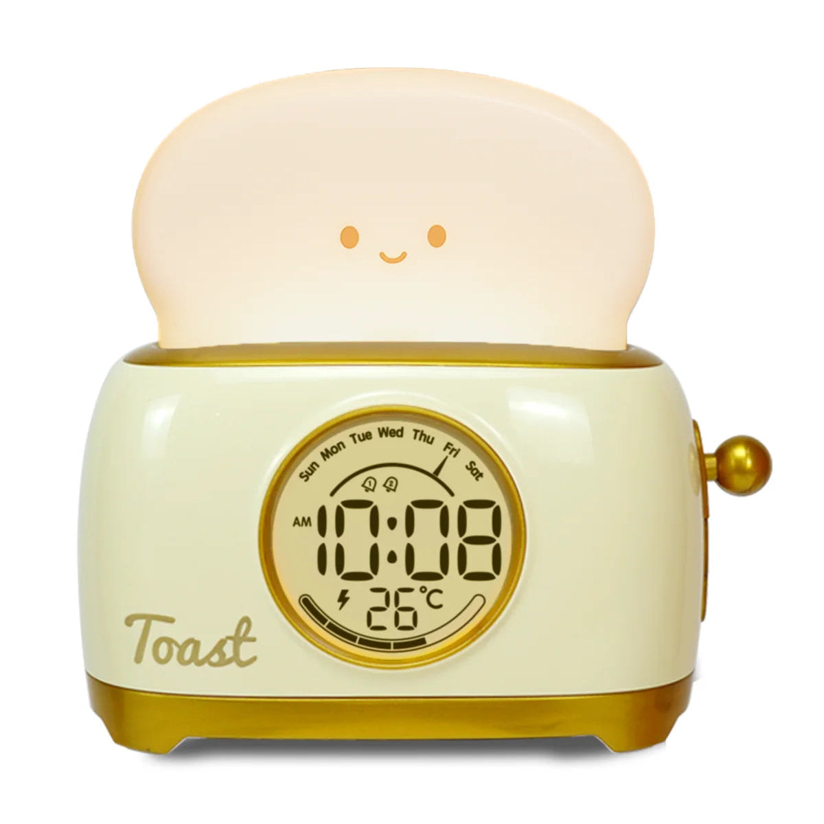 Toy Kawaii toaster with a smiling face on a white background