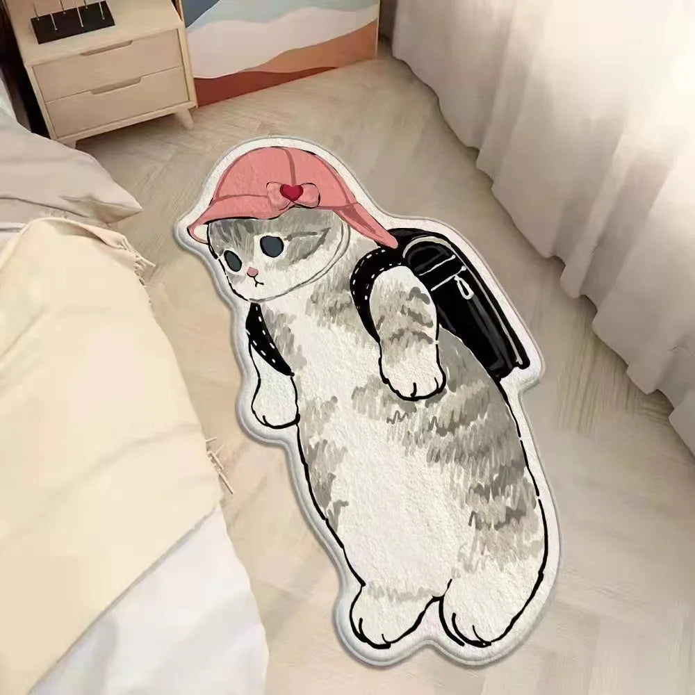 Kawaii cat-shaped rug with a pink hat and backpack on a bed