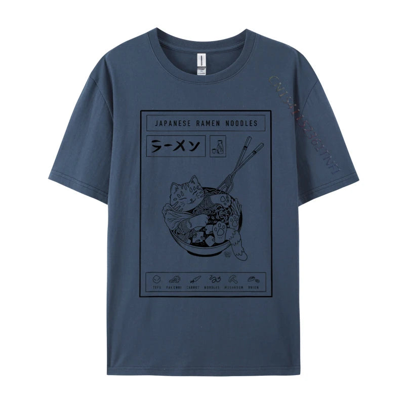 Navy blue t-shirt with graphic design of a kawaii cat and ramen noodles on a white background