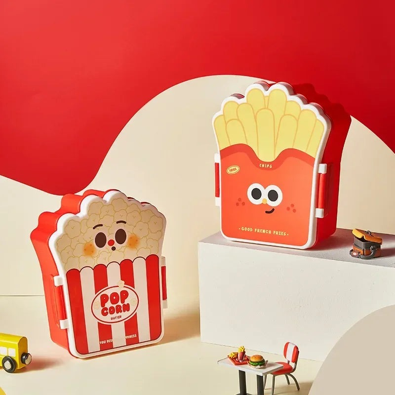 Two kawaii cartoon-style lunch boxes shaped like popcorn and French fries on a beige and red background.