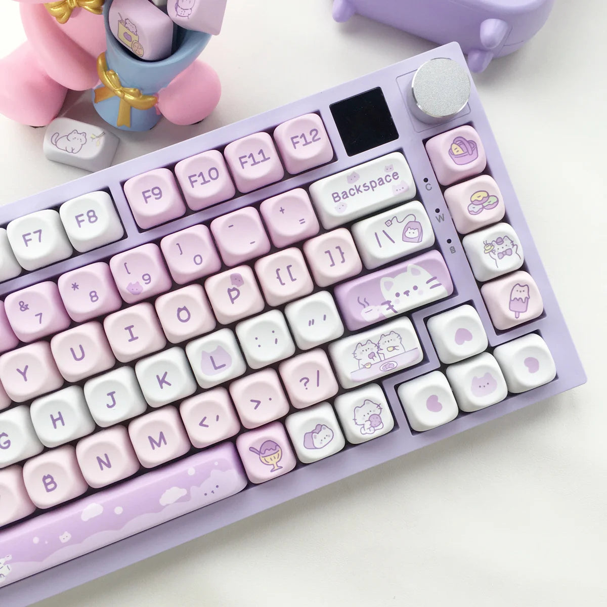 Keyboard with Kawaii keycaps on a white background