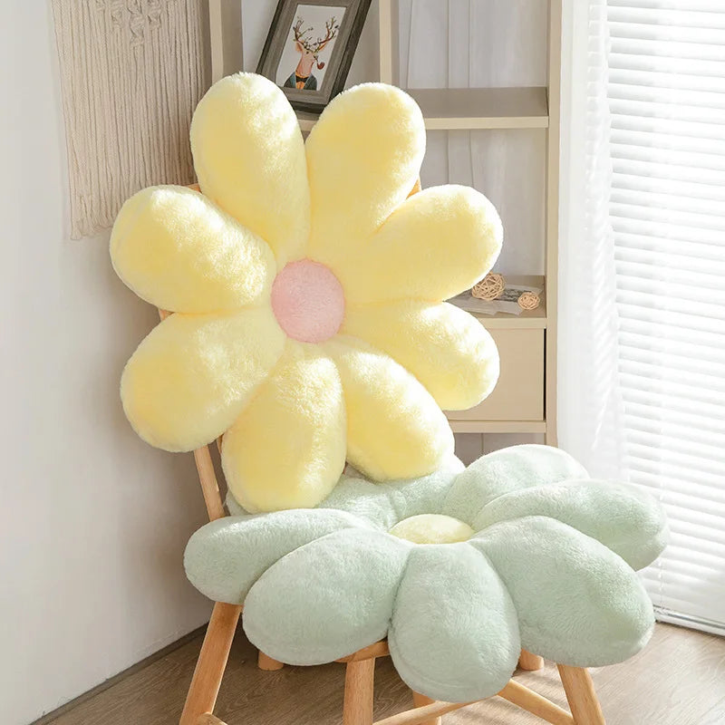 Flower-shaped Kawaii plush toys on a chair in a room setting