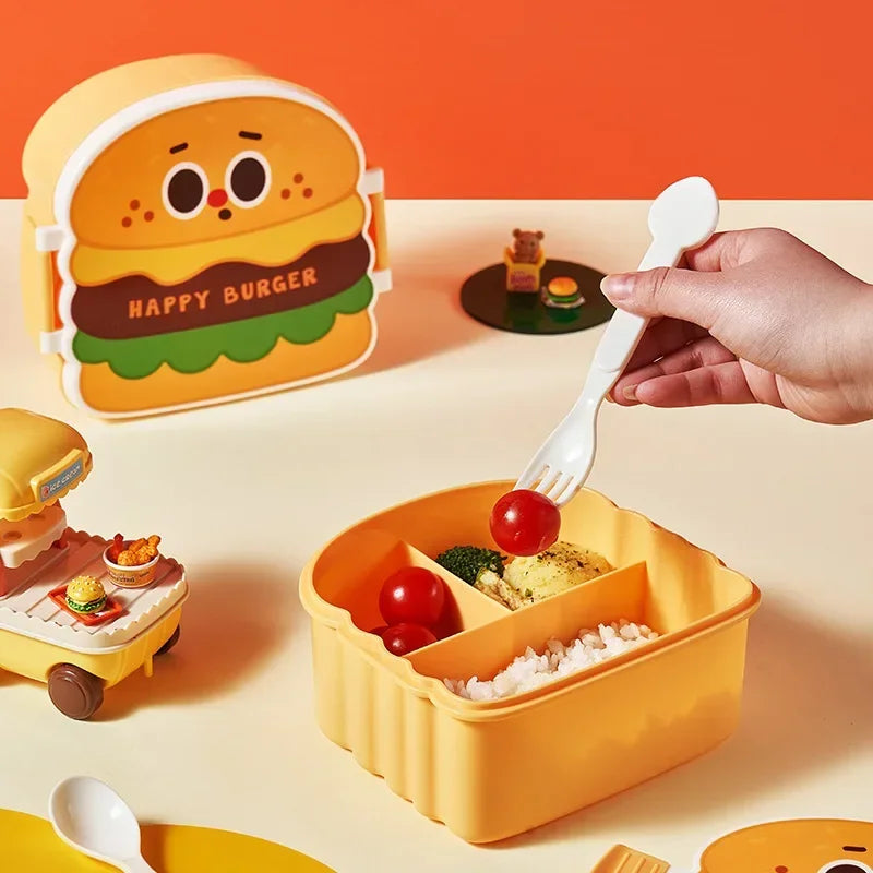 Yellow kawaii lunch box with a hand using a fork to pick up food.