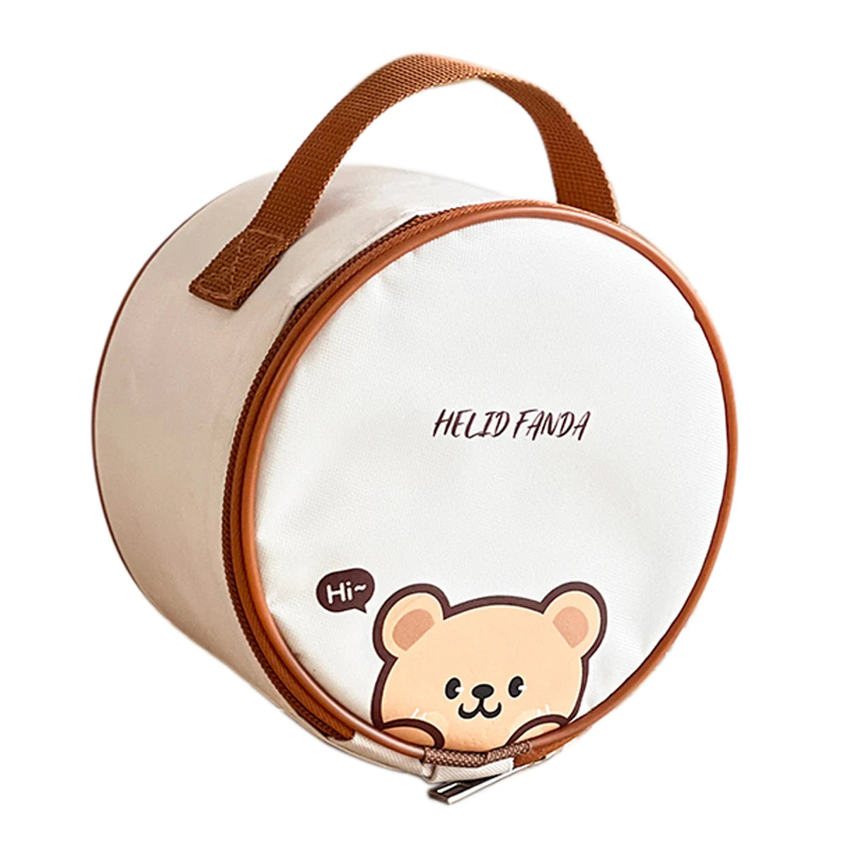Round beige case with kawaii cartoon bear design and 'HELID FANDA' branding on a white background