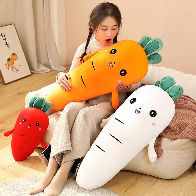 Person holding a large carrot-shaped kawaii plush toy with a neutral background