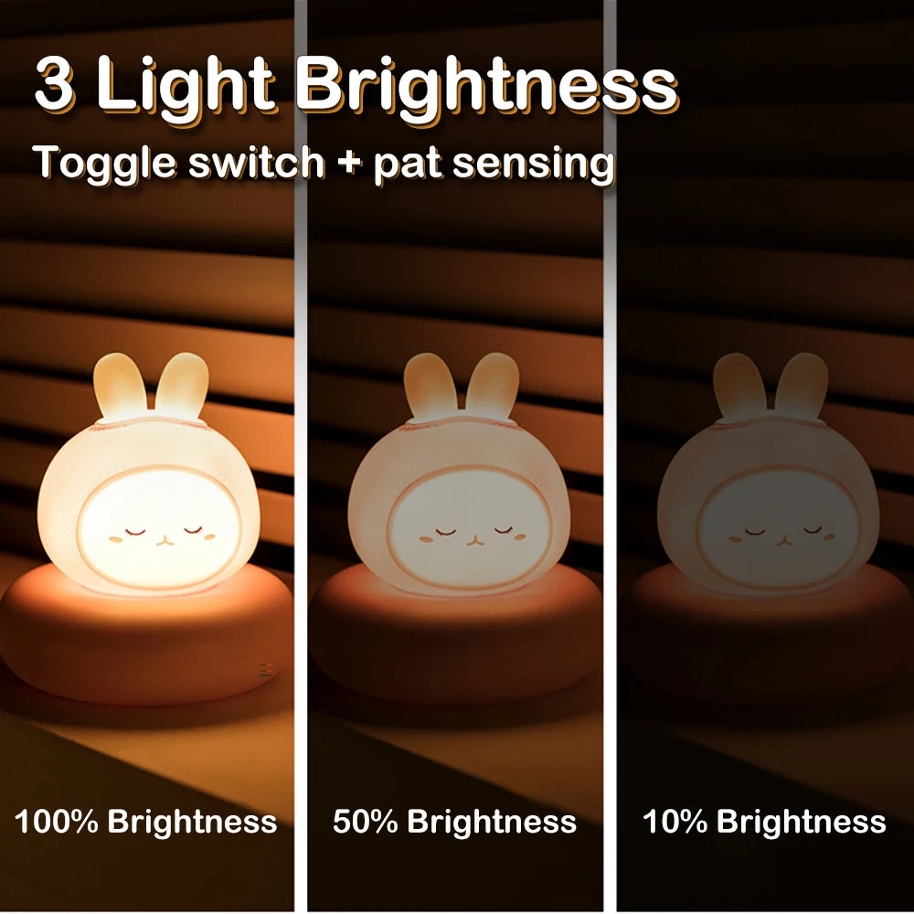 Three stages of a kawaii rabbit-shaped night light with text indicating light brightness levels.