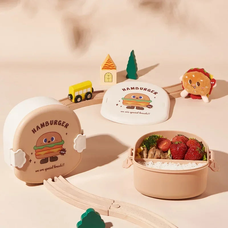 Children's kawaii bento box with cartoon hamburger design on a beige background