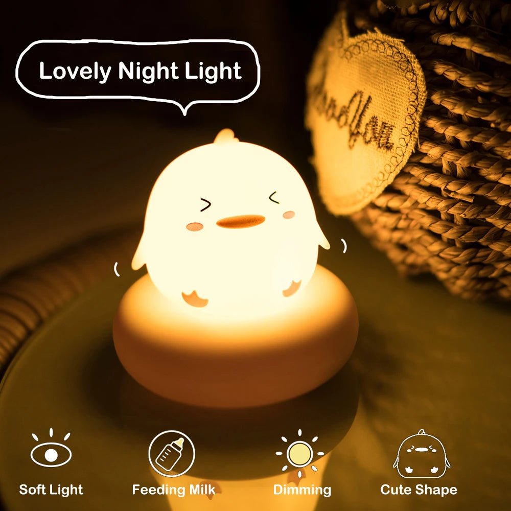 Cute kawaii night light shaped like a cartoon character with features indicating soft light, feeding milk mode, dimming, and cute shape.