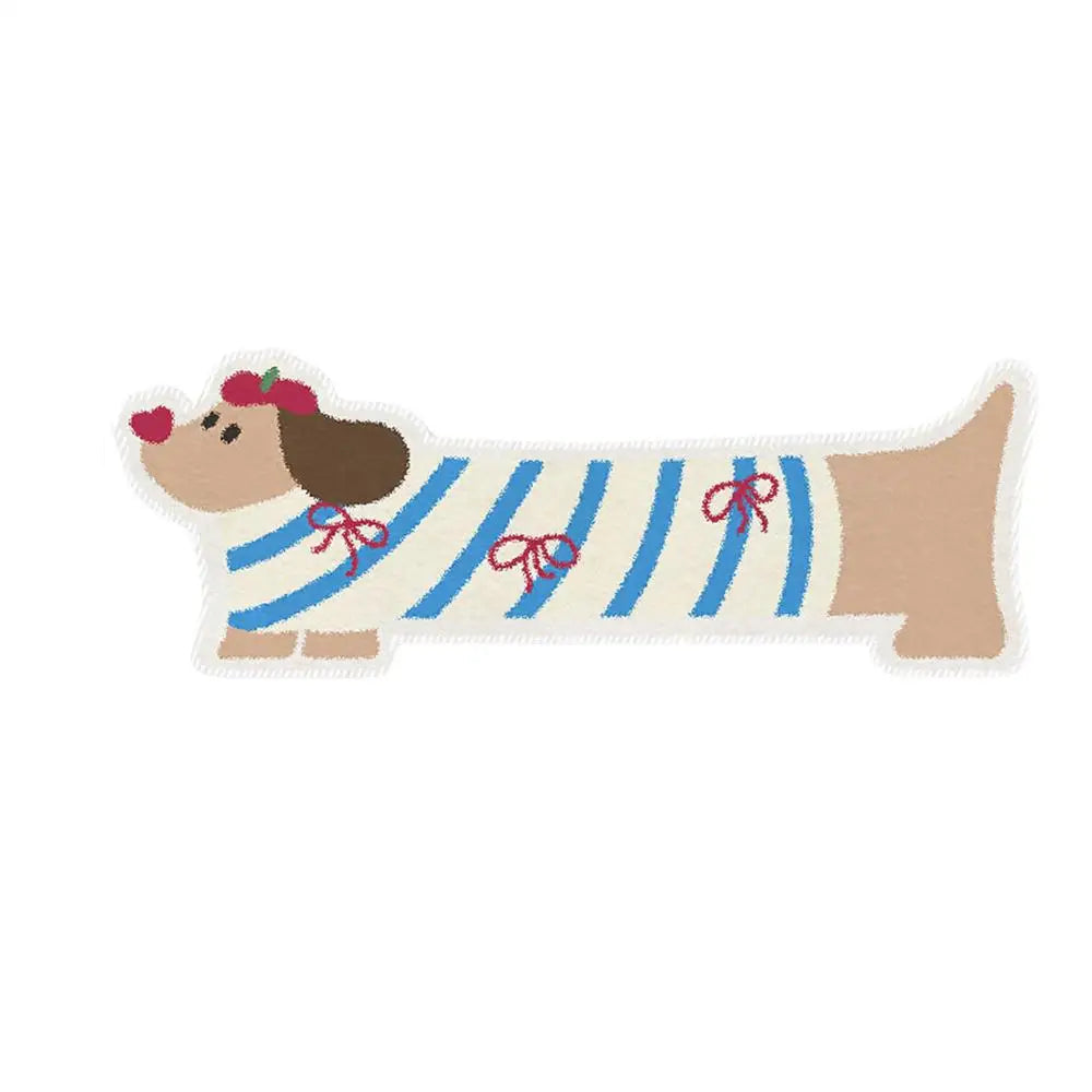 Kawaii dog-shaped rug with striped sweater design on a white background