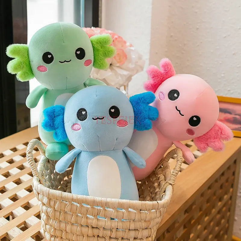 Three colorful kawaii plush toys with flower-like appendages in a woven basket.