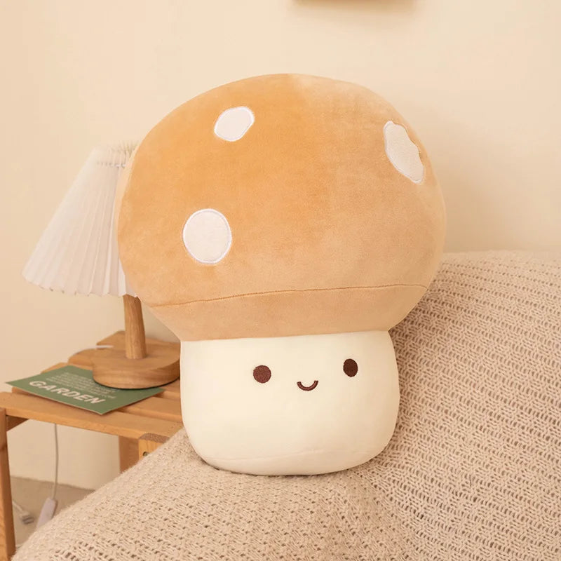 Cute mushroom-shaped plush kawaii toy on a bed with a lamp and book in the background.