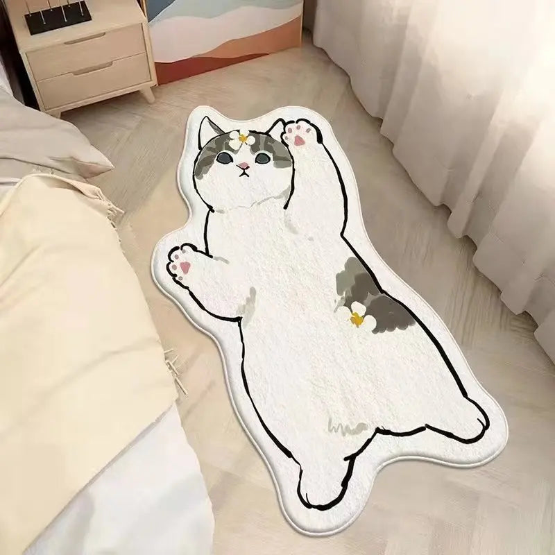 Kawaii cat-shaped rug on a bed with a neutral background
