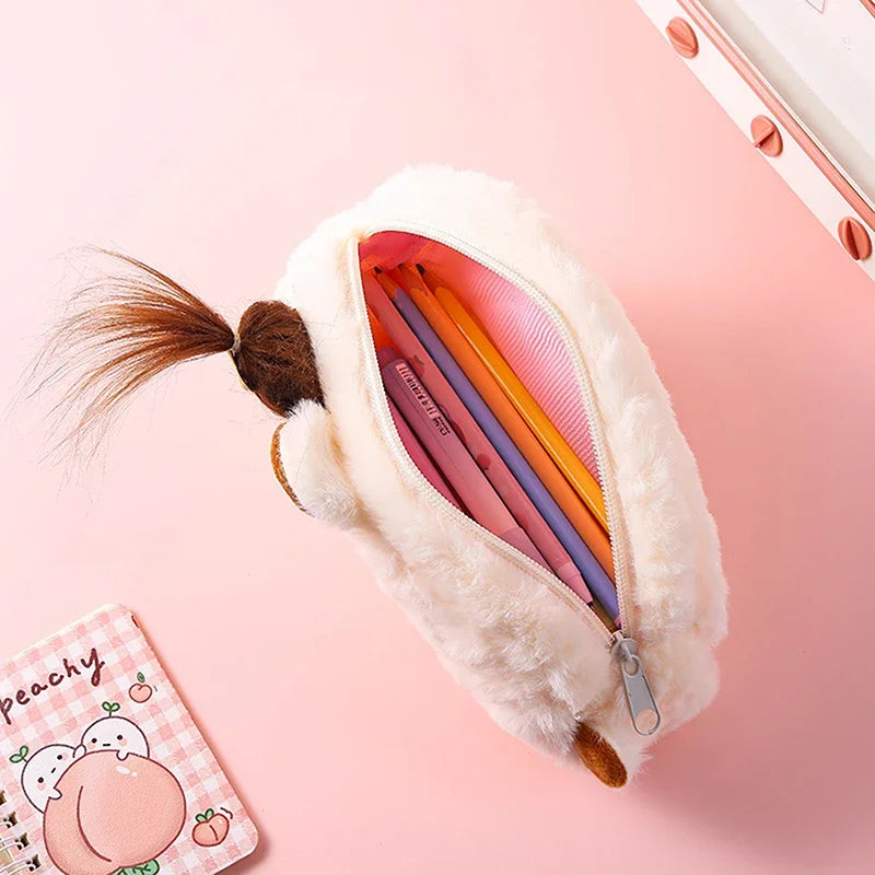 Fluffy white kawaii pencil case with a ponytail design on a pink background