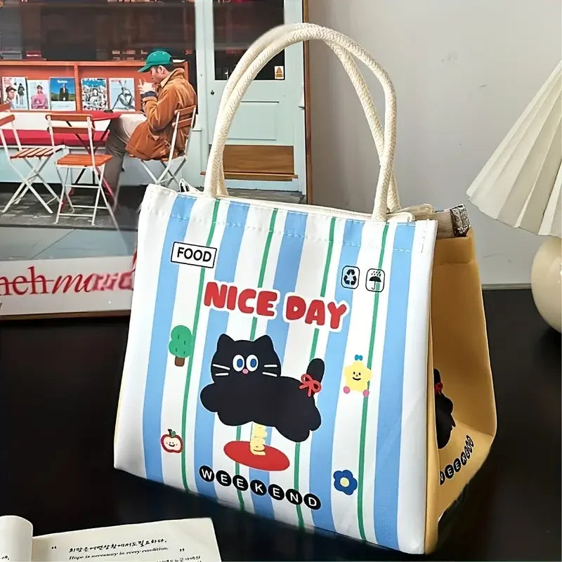 Striped tote bag with kawaii cartoon characters and text on a table