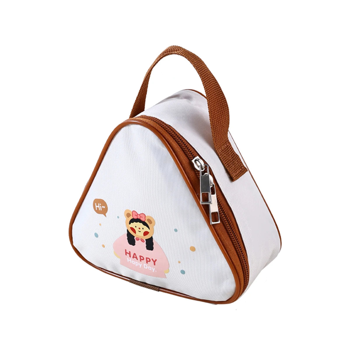 Small triangular bag with kawaii cartoon character and measurements on a white background