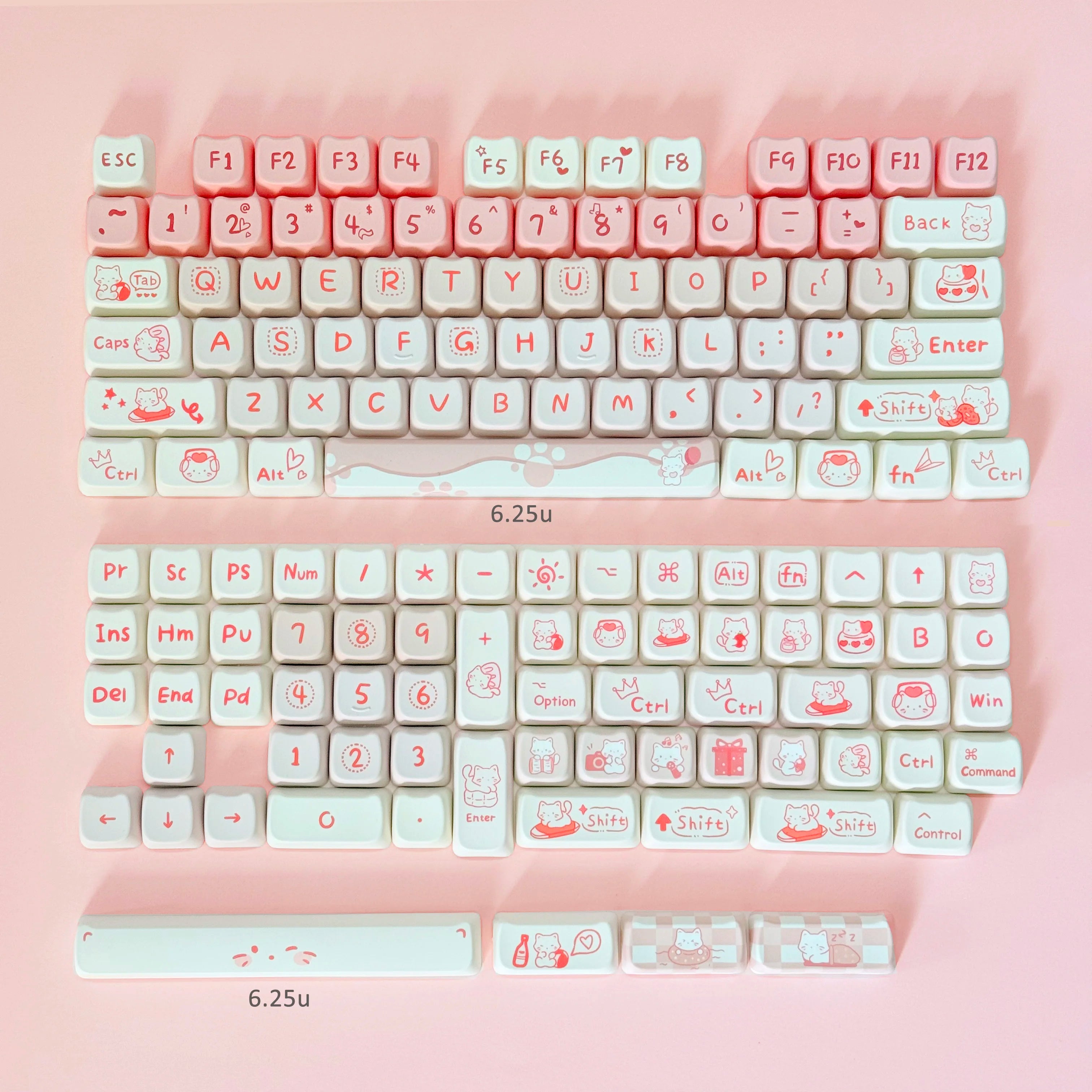 Keyboard with Kawaii cartoon character keycaps on a pink background