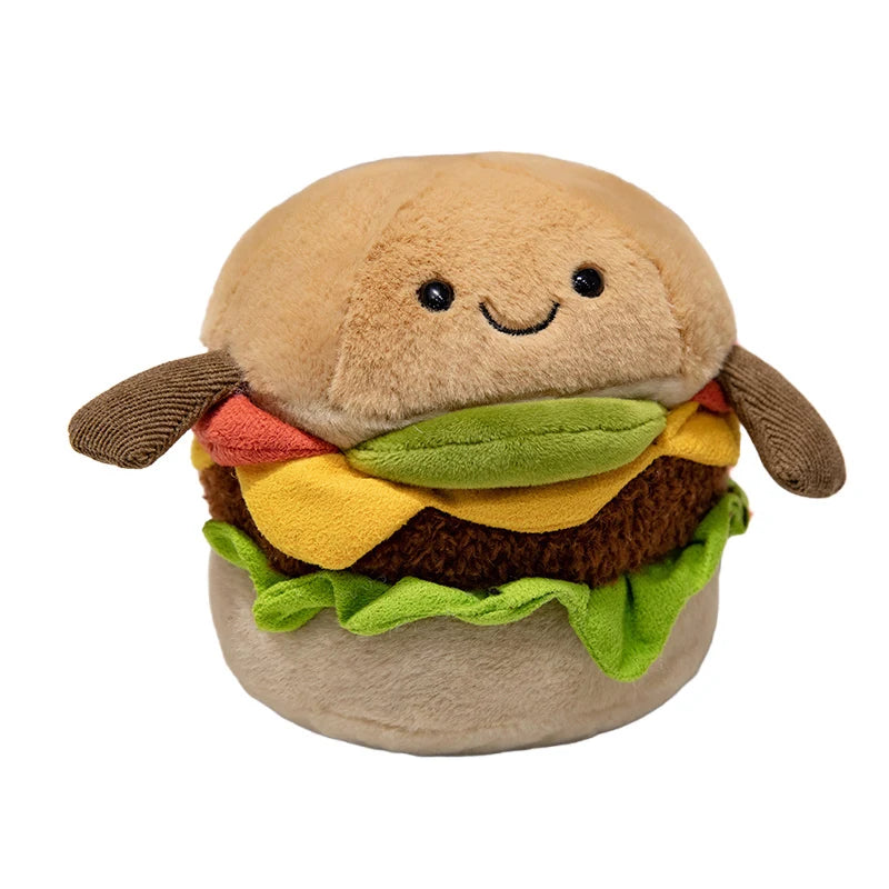 Plush kawaii toy hamburger with smiley face on a white background