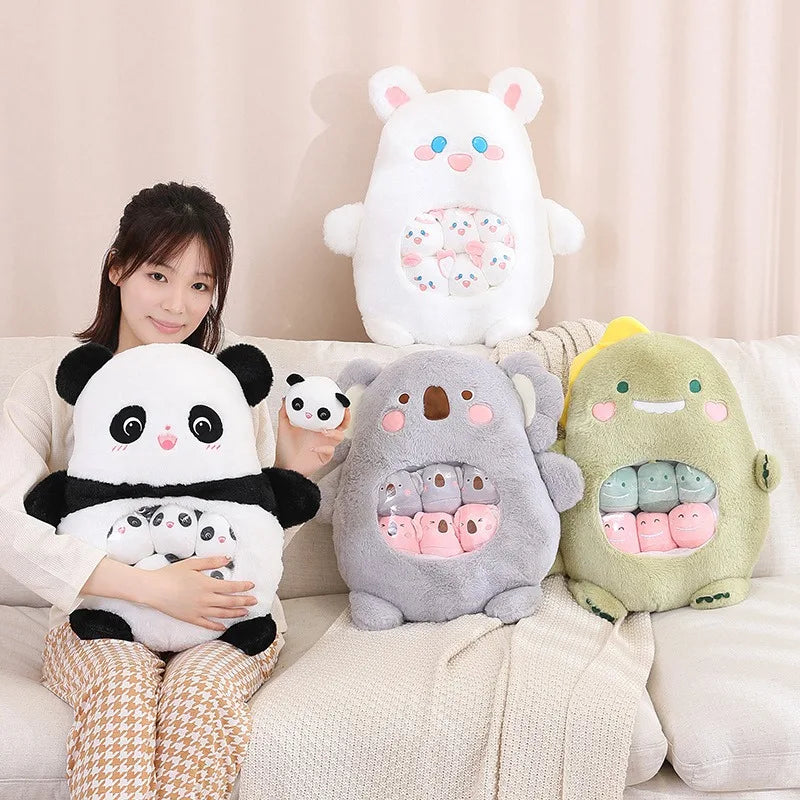 Person holding a panda kawaii plush toy with other plush toys on a couch