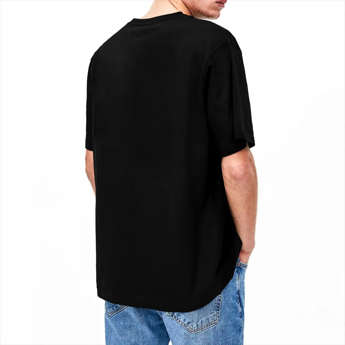 Person wearing a black kawaii t-shirt and blue jeans on a white background