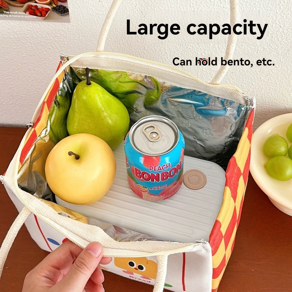 Reusable kawaii shopping bag with food items and a can of 'Peach Bonbon' on a wooden surface.