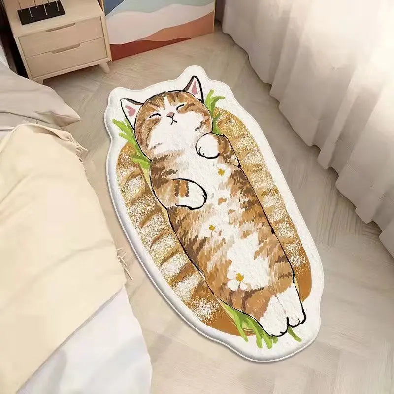 Kawaii cat-shaped cushion on a bed with a cartoon design