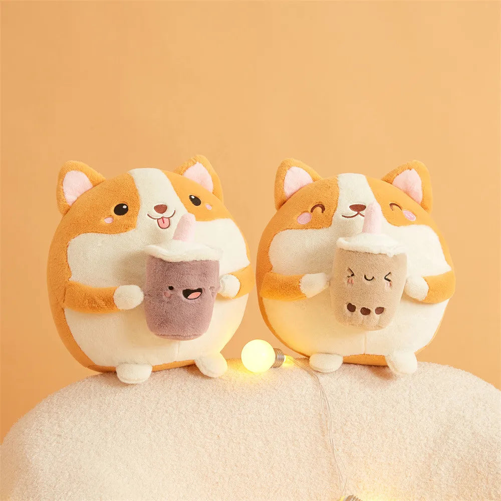 Two plush kawaii toys resembling corgis holding a small plush cat on a beige background