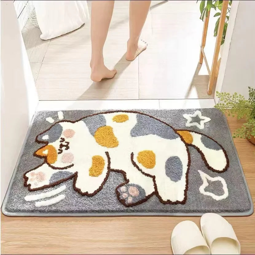 Decorative rug with a Kawaii cartoon cat design on a wooden floor.