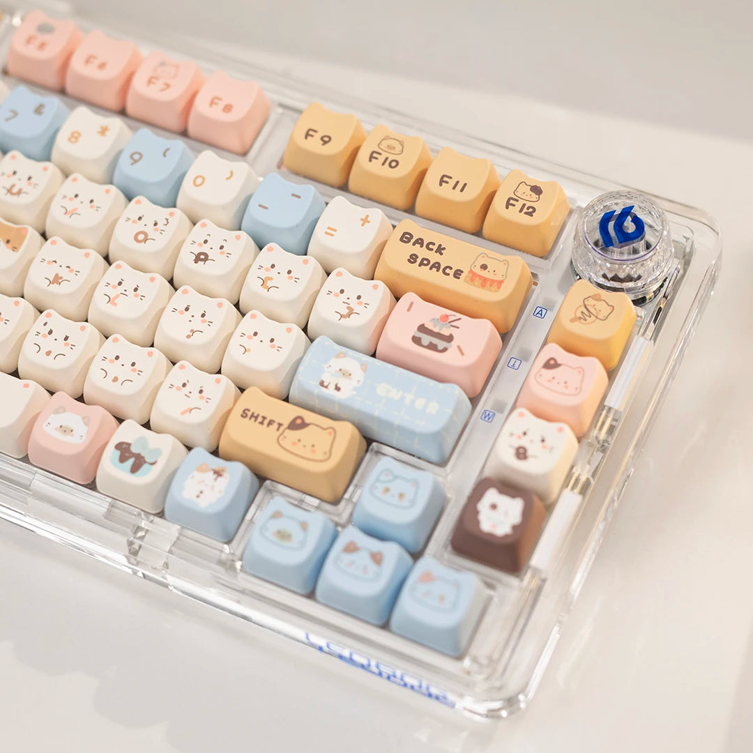 Keyboard with Kawaii animal-themed keycaps on a light background