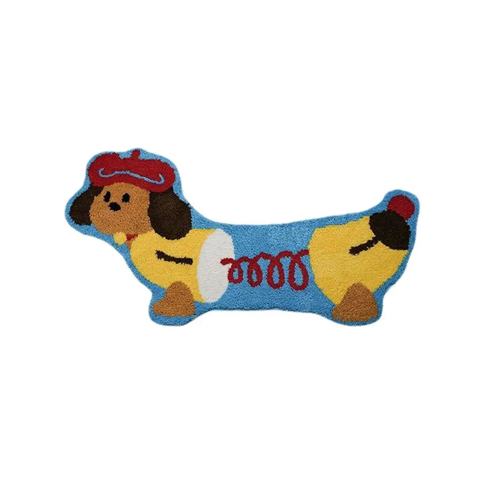 Dog-shaped rug with a kawaii cartoon dog design on a white background