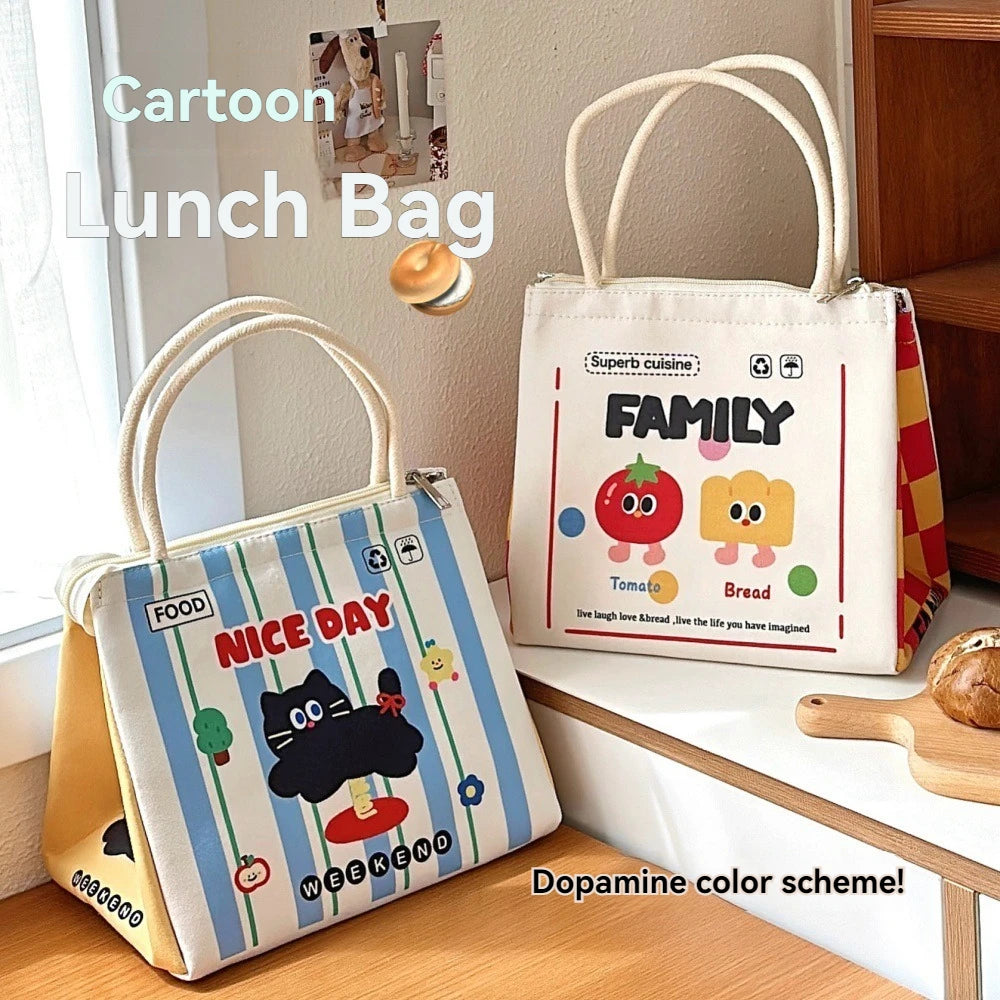 Two kawaii cartoon-themed lunch bags on a wooden surface with a neutral background.