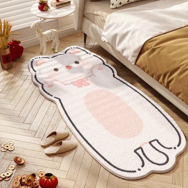 Kawaii cat-shaped rug on a wooden floor in a bedroom setting