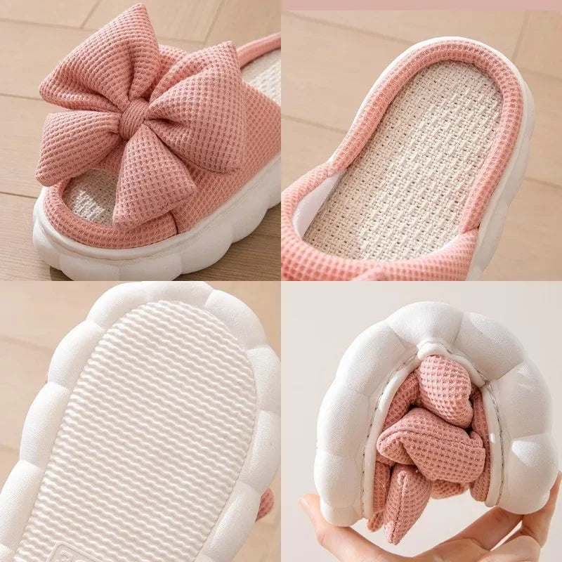 Collage of pink kawaii slippers with a large bow, showing different angles and details.