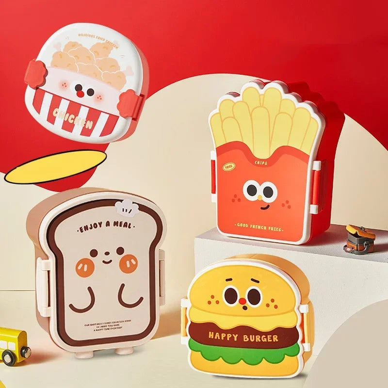 Set of kawaii cartoon-themed lunch boxes with a red background