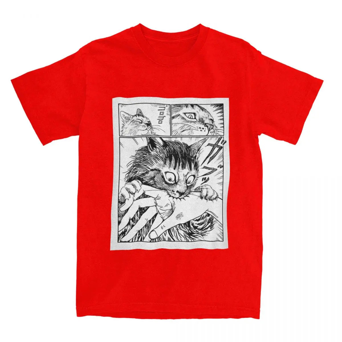 Red t-shirt with black and white kawaii cat graphic on a white background