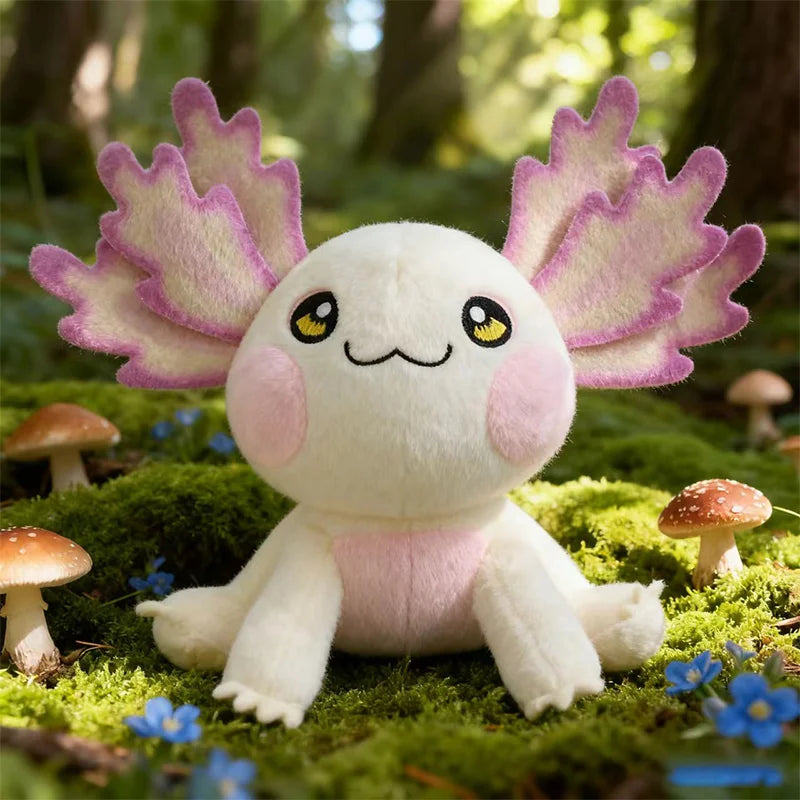 Plush kawaii toy axolotl with pink wings in a forest setting