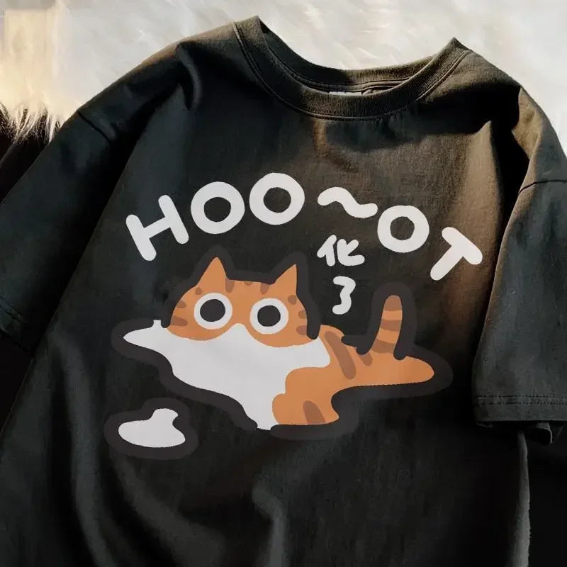 Black sweatshirt with a kawaii cartoon cat and text design on a white background