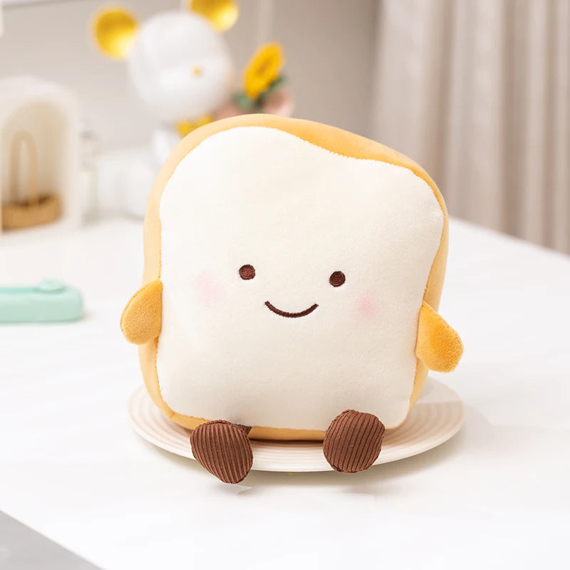 Plush kawaii toy shaped like a smiling piece of toast on a white surface