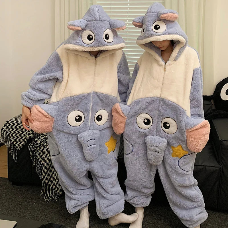 Two people wearing gray kawaii elephant-themed onesies in a room.