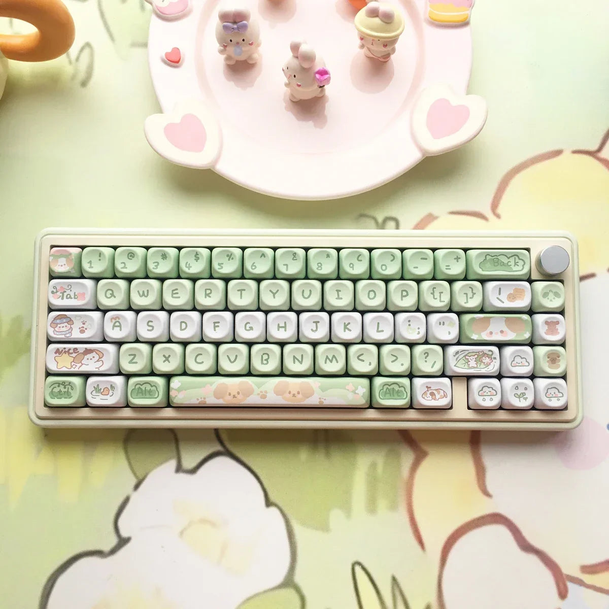 Cute Kawaii keyboard with cartoon character keys on a colorful surface