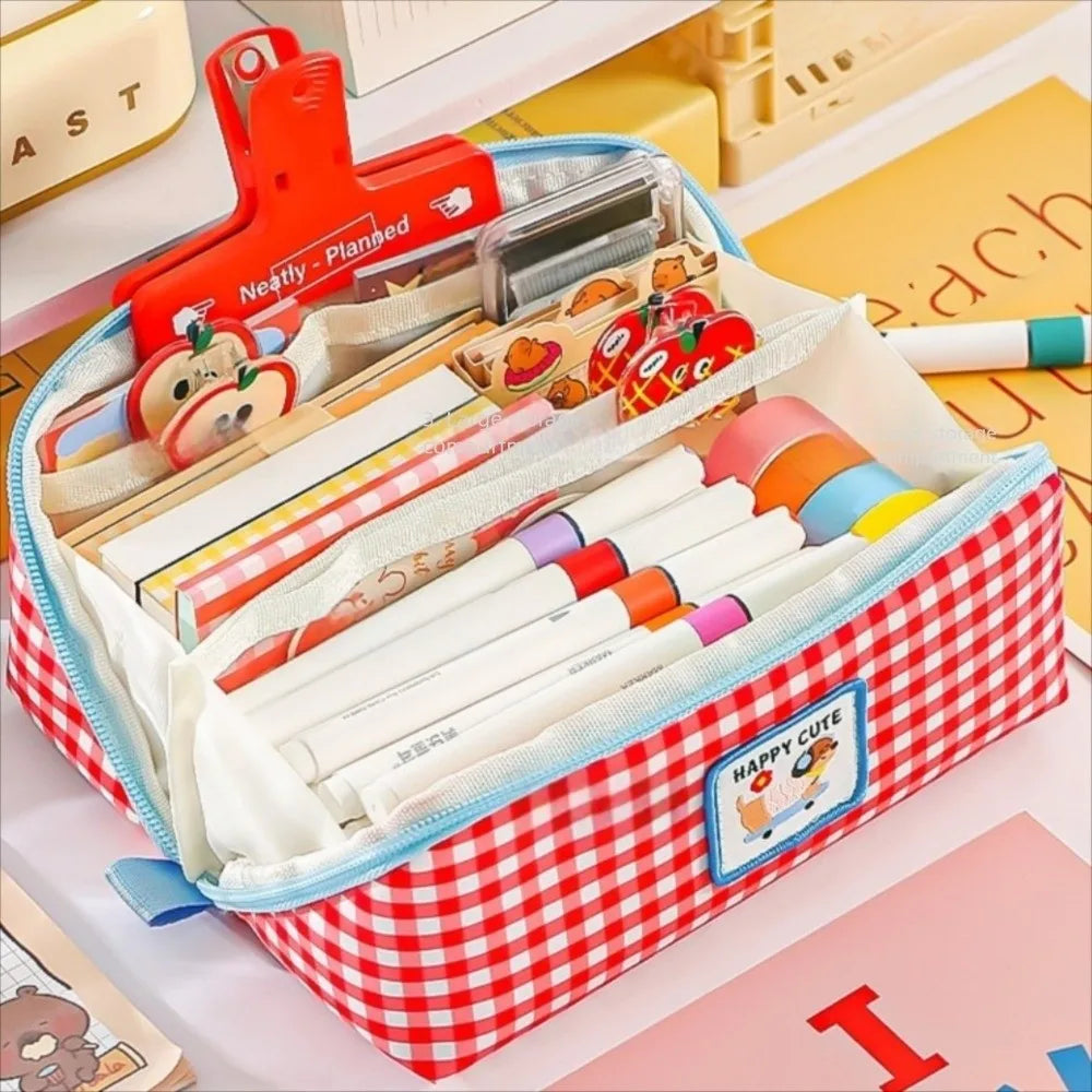 Kawaii pencil case with stationery items on a colorful background