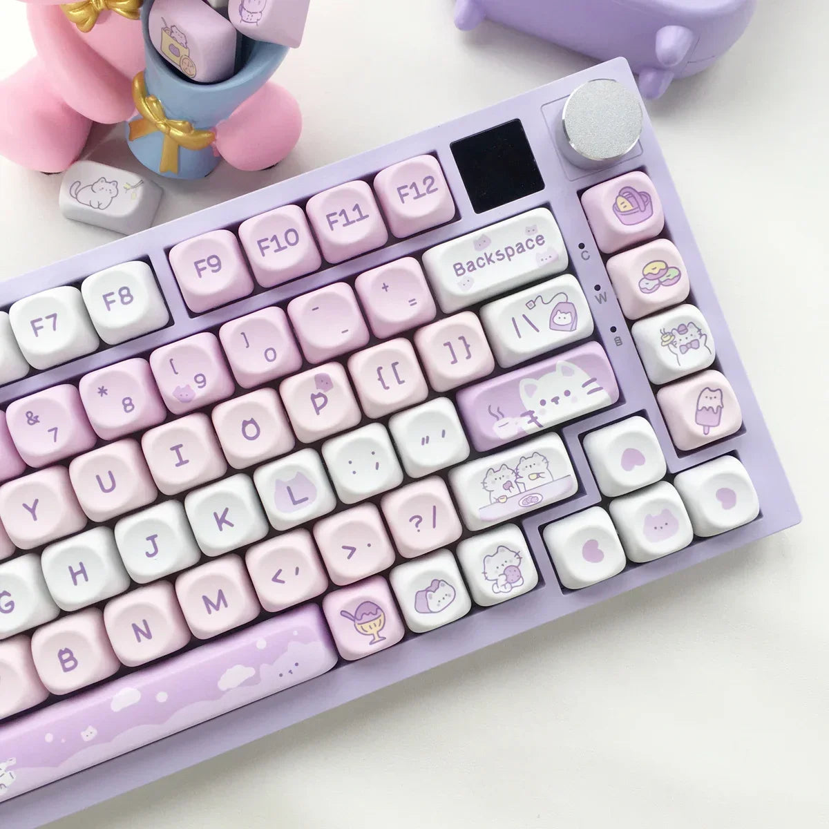 Pastel-colored keyboard with Kawaii keycaps on a white background