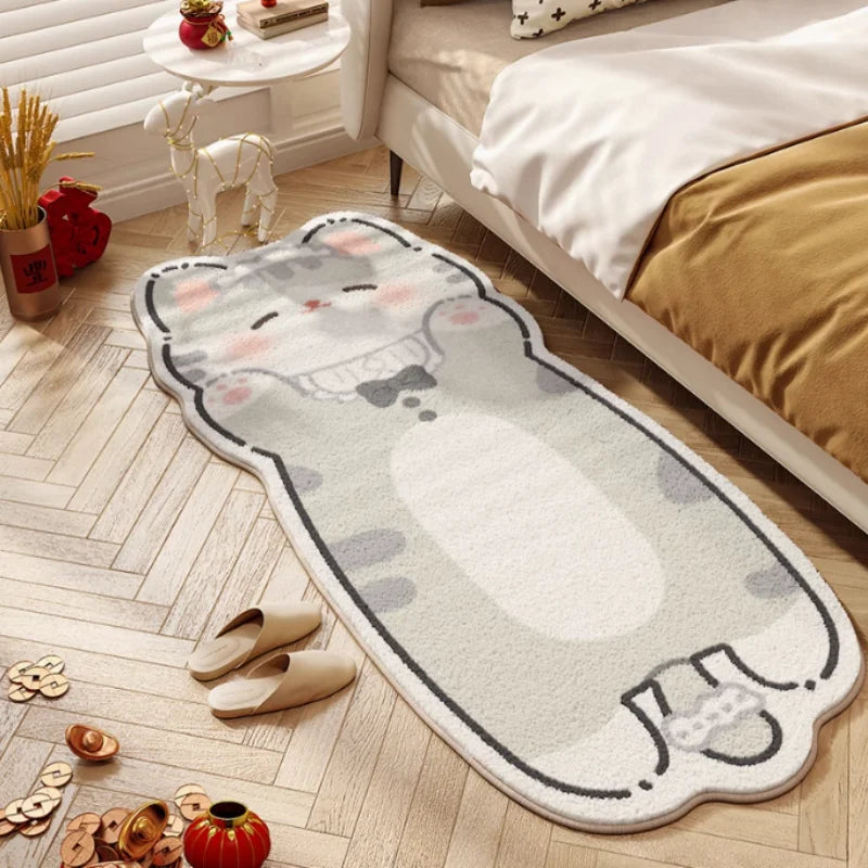 Kawaii cat-shaped rug on a wooden floor in a bedroom setting