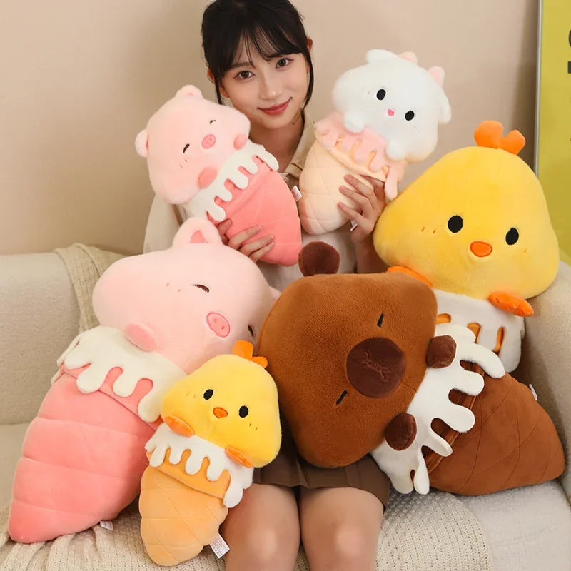 Woman holding a collection of cute kawaii plush toys on a couch
