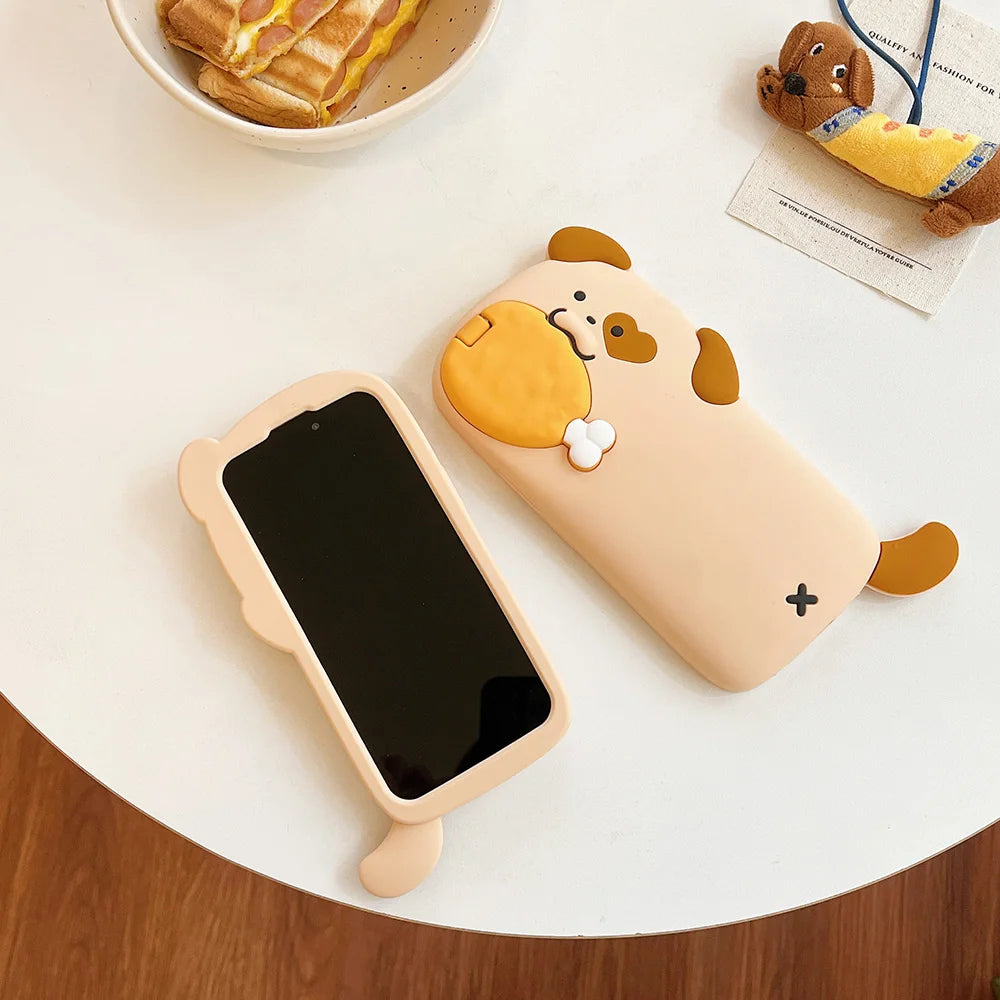 Phone case with kawaii dog design on a table with toast and a toy.